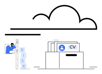 Cloud icon above a CV storage box and a person assessing stackable risk blocks. Ideal for HR, recruitment, cloud storage, data management, analytics, risk management, simple landing page
