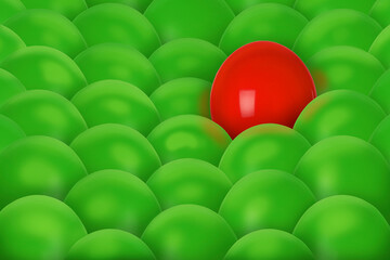 Red balloon among green ones. Different, unique, special