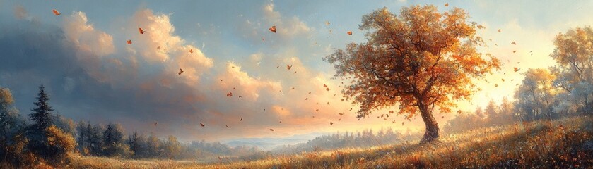 A solitary tree stands majestically in a picturesque autumn landscape, bathed in the warm glow of the setting sun.