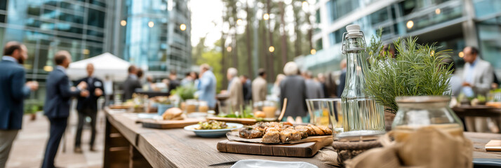 Naklejka premium Outdoor corporate event featuring a buffet of food and refreshments, with a gathering of people enjoying themselves.