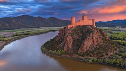 Obraz premium Ancient castle atop a dramatic rock formation, surrounded by a river