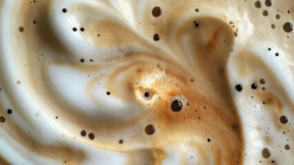 Light crema and coffee foam with brown swirl. Macro detail.