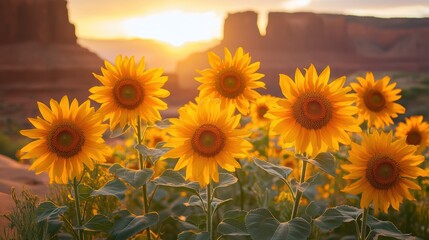 Obraz premium sunflowers glowing in golden light with canyons behind