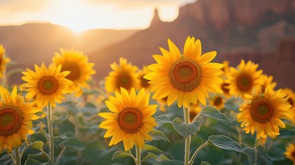 Fototapeta premium sunflowers glowing in golden light with canyons behind