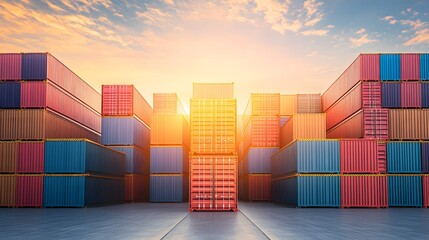 Fototapeta premium Sunset Cargo Containers Stacked at Port Terminal