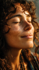 Woman basking in the sun, embracing the warmth with eyes closed. Freckled face, curly hair, and gentle smile evoke peaceful serenity.