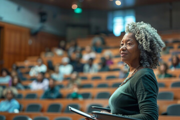 Senior professor giving lecture from behind lectern to students in university lecture hall