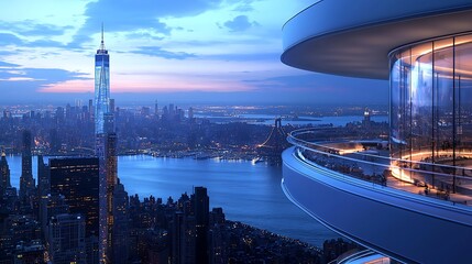 Modern penthouse overlooking New York City skyline at dusk