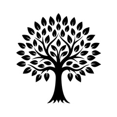 Stylized tree icon featuring intricate branches and leaves in a black silhouette design
