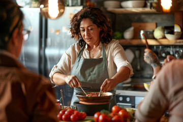 Mature woman cooking with friends in kitchen preparing a meal