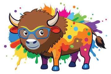Colorful artistic bison    colorful paint splatters on white background.