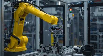 Fototapeta premium Robotic arm performs precision work on delicate component assembly line. Modern industrial automation concept for manufacturing and technology.