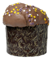 A traditional Easter sweet bread, topped with chocolate glaze and colorful star shaped sprinkles, in a decorative paper form, isolated background