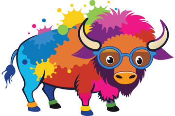 Colorful artistic bison    colorful paint splatters on white background.