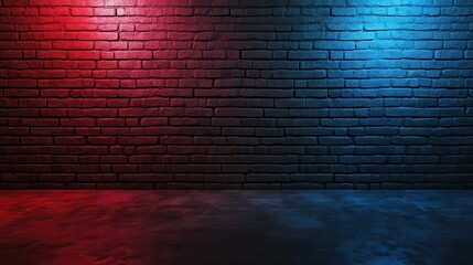 A stunning image of abstract image of Studio dark room with lighting effect red and blue on black brick wall gradient background for interior decoration.