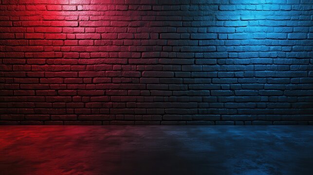 Fototapeta A stunning image of abstract image of Studio dark room with lighting effect red and blue on black brick wall gradient background for interior decoration.
