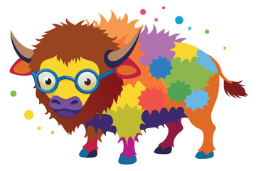 Colorful artistic bison    colorful paint splatters on white background.