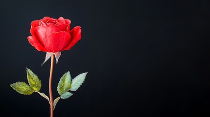 Obraz premium A vibrant red rose with delicate green leaves against a dark, simple background