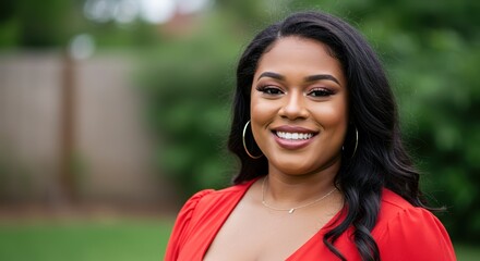 Fototapeta premium Smiling woman in red dress posing outdoors against green background 