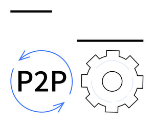 Circular arrows loop around P2P next to a gear representing connection, automation, and process optimization. Ideal for technology, workflow, strategy, collaboration, innovation, efficiency simple