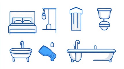 Hotel bathroom amenities icons; bed, bathtub, shower
