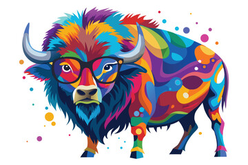 Colorful artistic bison    colorful paint splatters on white background.