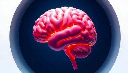 a 3D illustration of a human brain. The brain is shown in a circular shape with a dark blue background. The top half of the brain is pink, while the bottom half is orange. The outermost part of the im