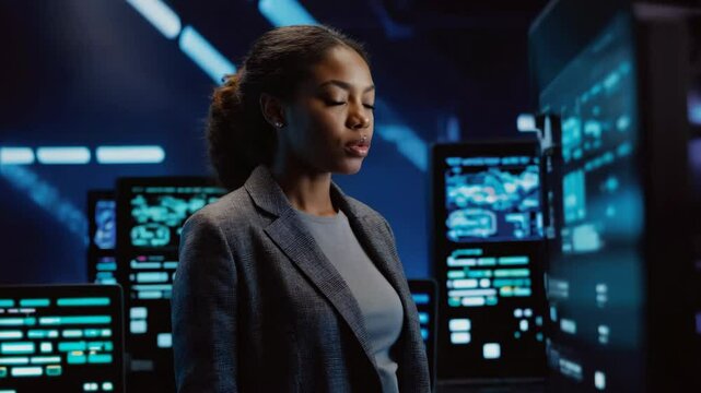 Introspective African American woman with closed eyes in dark futuristic tech control room illuminated by monitor screens displaying complex code.