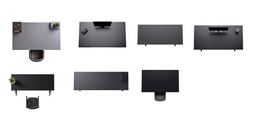 top down view graphite black office desk set for floor plan collages. isolated, transparent background