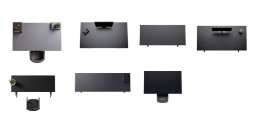 top down view graphite black office desk set for floor plan collages. isolated, transparent background