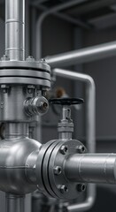 Close up view of metal industrial pipeline system with flange and valve component. Concept of modern technology in gas, oil, chemical, or power plant production facilities.