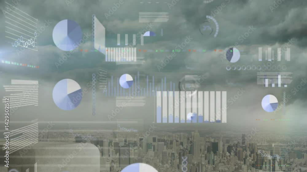 Poster flat design hud elements floating over urban skyline from rooftop view, displaying data charts