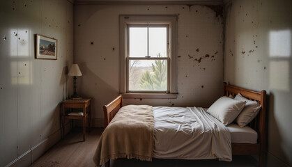 Fototapeta premium Empty bedroom with unmade bed and peeling walls, showcasing a neglected atmosphere and a view through the window concept of poor accommodation or vacation rentals