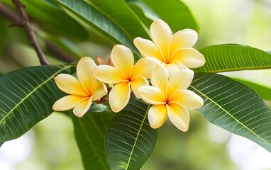 Fototapeta premium Stunning Yellow Plumeria Flowers on Lush Green Leaves