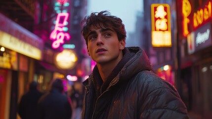 Obraz premium young man in a bomber jacket and boots, walking through a busy street filled with neon signs and urban life