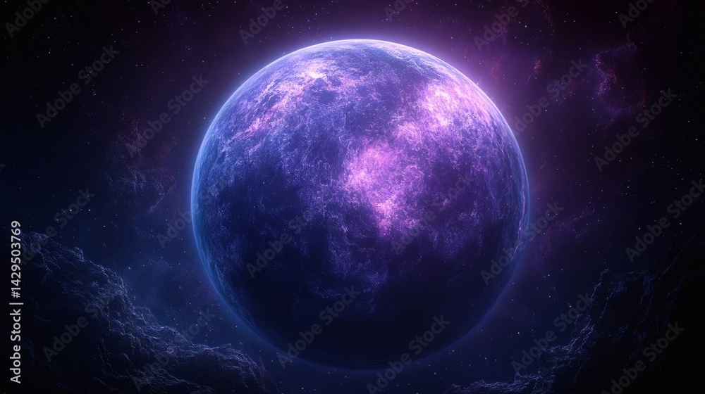 Wall mural mysterious purple planet glowing in outer space. a celestial orb with mesmerizing clouds