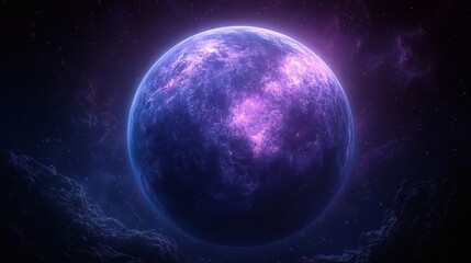 Obraz premium Mysterious purple planet glowing in outer space. A celestial orb with mesmerizing clouds