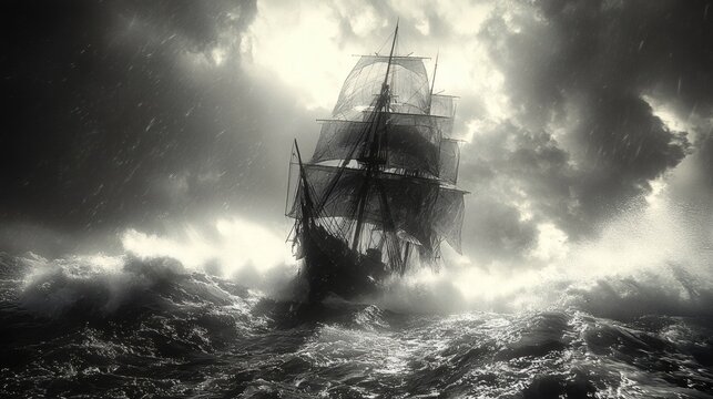 A majestic sailing ship battles through a raging storm on the open sea. The image evokes feelings of strength, struggle, and the indomitable spirit of exploration. 