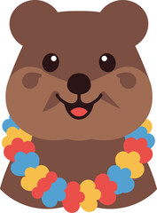 Cute brown bear with colorful floral lei vector illustration for children and nature themes 