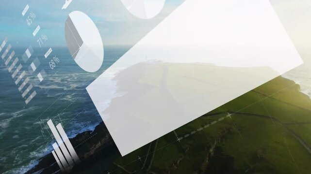 Translucent infographic overlay animating coastal aerial view with pie charts and triangular panel - Powered by Adobe
