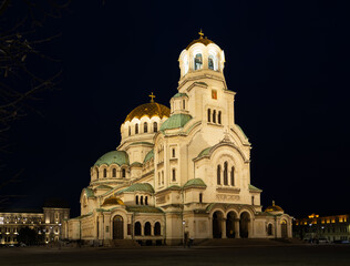 Alexander Nevski Cathedral in Sofia, Buglaria at night. Patriarchal cathedral of St. Alexander Nevsky in the evening. Golden domes shining by spotlights