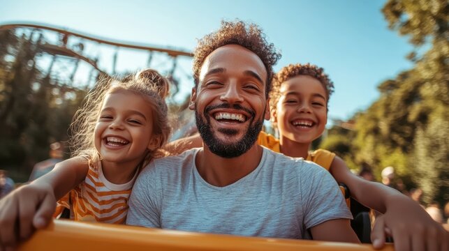 family enjoying a day at an amusement park, riding a roller coaster together with big smiles