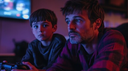 father and son playing video games together on the couch, enjoying some quality bonding time