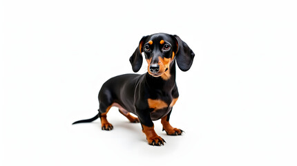 Adorable black and tan dachshund puppy posing against a bright white background studio shot cute pet