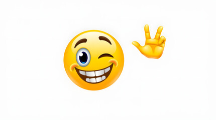 Playful winking emoticon giving a playful hand gesture bright yellow simple white background