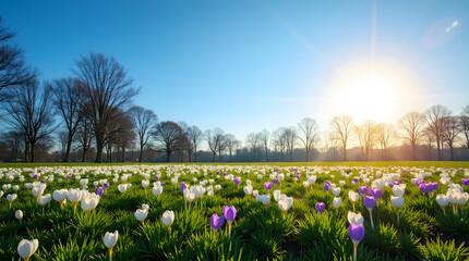 Serene spring meadow sunrise vibrant crocus blossoms carpet the park warm sunlight bathes the scene