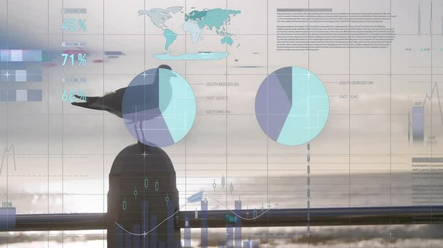 seagull perching atop bollard overlooking waterfront while map infographics drifting across scene