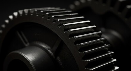 Close up abstract shot of industrial gear teeth interlocking, showing mechanical detail for engineering and manufacturing concept background image.