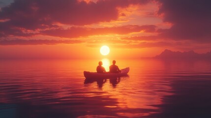romantic couple kayaking together at sunset