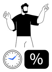 Confident man pointing, clock symbolizing time, and percentage sign for metrics. Ideal for productivity, time management, planning, efficiency, analytics goal setting work-life balance. Flat simple